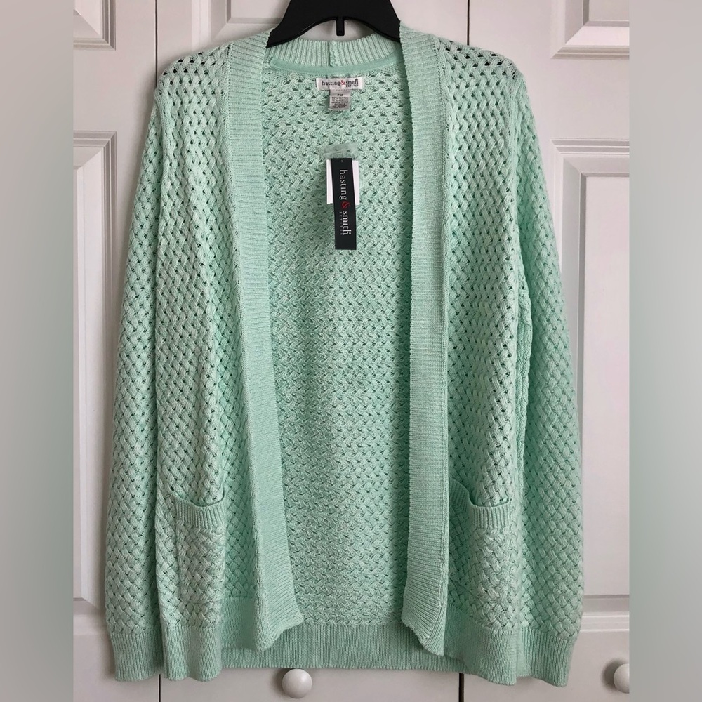 Hasting & Smith Sweater Women's GREEN Cardigan, Open Front, 2 pockets, Knit,